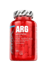 Amix Arginine supplement bottle with red capsules, promoting nitric oxide production and muscle recovery.
