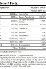 Supplement Facts panel for Amix B-Complex + Vitamin C&E capsules, detailing vitamins and minerals.