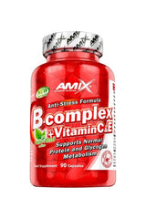 Amix B-Complex + Vitamin C&E supplement bottle, 90 capsules for energy and immune support.