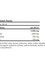 Nutritional information for Amix BCAA 3000 Shot showing amino acid content per 60 ml serving.