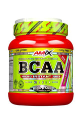 Amix BCAA Micro Instant Juice in red container, hydrolyzed for quick solubility, with 2:1:1 BCAA ratio.