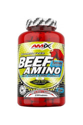 Amix Beef Amino supplement bottle with 250 tablets, hydrolyzed beef amino formula for muscle recovery.