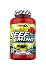 Amix Beef Amino supplement bottle with 250 tablets, hydrolyzed beef amino formula for muscle recovery.