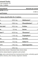 Nutritional facts for Amix Beef Amino, detailing ingredients and amino acid profile per serving.