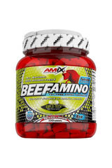 Amix Beef Amino supplement bottle with 550 tablets, featuring hydrolyzed beef protein and essential amino acids.