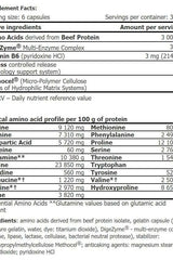 Nutrition facts for Amix - Beef Extra Amino, highlighting amino acids and ingredients per serving.