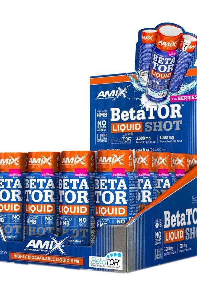 Amix BetaTOR Liquid Shot Red Berry display with 20 x 60 ml bottles for muscle support and performance.