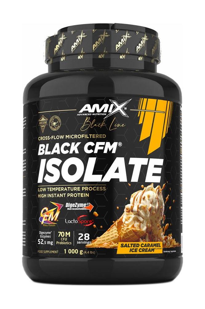 Amix Black Line Black CFM Isolate protein powder, high-quality whey isolate, low fat, with probiotics and enzymes.