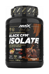 Amix Black Line Black CFM Isolate protein powder in chocolate cake flavor, with probiotics and low fat content.