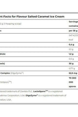 Nutritional facts for salted caramel ice cream, detailing servings, calories, fats, carbohydrates, proteins, and probiotics.