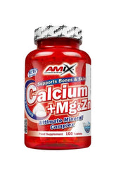 Amix Calcium + Mg + Zn supplement bottle for bone health, contains 100 tablets for energy and muscle function.