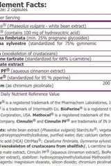 Supplement facts for Amix Carb Blocker, detailing ingredients and servings per capsule.
