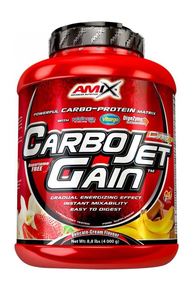 Amix CarboJet Gain protein supplement with high-quality carbohydrates and instant mixability in a red container.