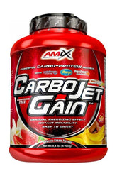 Amix CarboJet Gain protein supplement with high-quality carbohydrates and instant mixability in a red container.