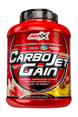 Amix CarboJet Gain protein supplement with high-quality carbohydrates and instant mixability in a red container.