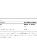 Supplement facts for Amix CarniLine capsules, including L-Carnitine and BioPerine dosage information.