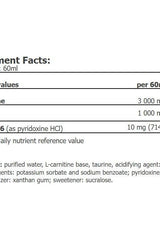 Amix CarniShot 3000 supplement facts showing L-carnitine, taurine, and vitamin B6 content per 60 ml.