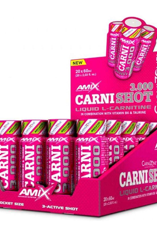 Amix CarniShot 3000 liquid L-carnitine display box featuring 20 x 60 ml ampoules with fresh flavor, enriched with taurine and vitamin B6.