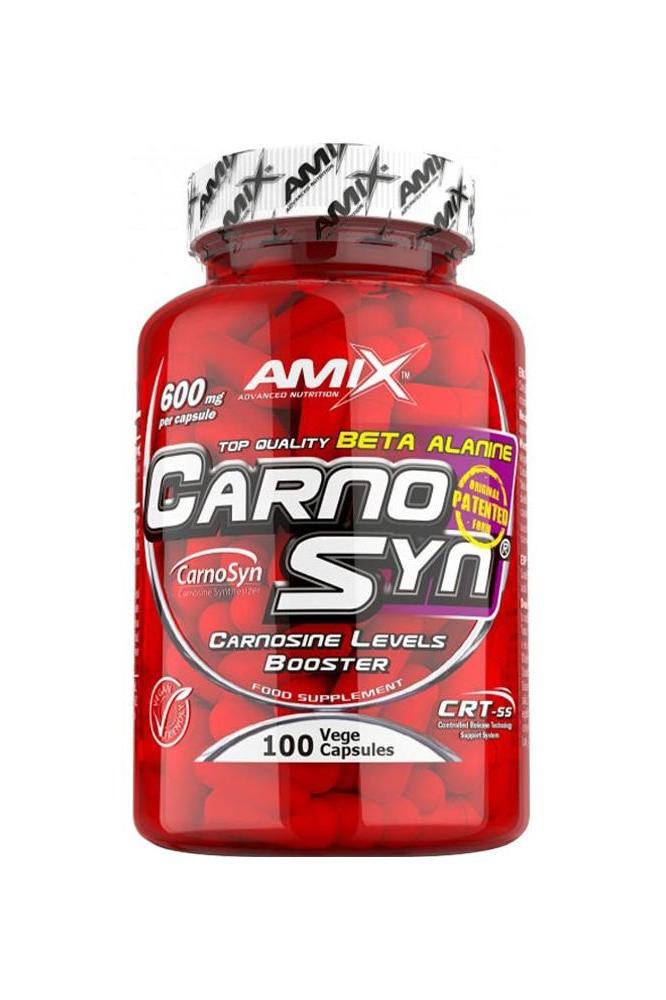 Amix CarnoSyn Beta-Alanin 100 capsules bottle showcasing muskeluthållighet benefits and performance enhancement.