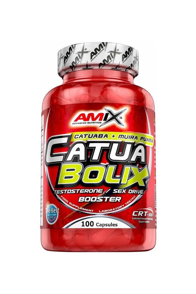 Amix CatuaBolix supplement bottle with 100 capsules for testosterone boost and sexual health.