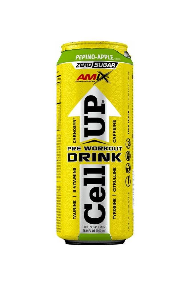 Amix Cell Up Zero Sugar Pre Workout Drink in Pepino Apple flavor, 500 ml can with bright yellow design.