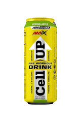 Amix Cell Up Zero Sugar Pre Workout Drink in Pepino Apple flavor, 500 ml can with bright yellow design.