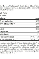 Nutritional information for Amix CellUp® SHOT showing ingredients and dosages in a table format.