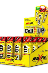 Amix CellUp® SHOT pre-workout energy supplement displayed in a colorful box with ampoules.
