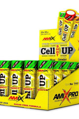 Amix CellUp SHOT pre-workout energy shot display box, featuring sugar-free formula and vibrant packaging.