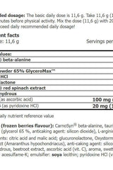 Nutritional information for Amix CellUp with Oxystorm, including ingredients and recommended dosage.