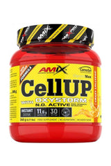Amix CellUp® with Oxystorm® 348 g pre-workout supplement in red jar for increased endurance and performance.