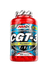 Amix CGT-3 dietary supplement bottle with creatine, glutamine, and taurine for energy and recovery, 200 capsules.
