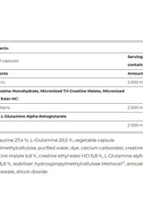 Ingredient list for Amix CGT-3 supplement, showcasing creatine and L-glutamine in capsule form.