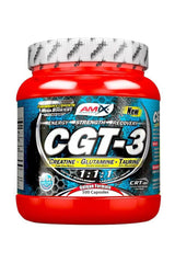 Amix CGT-3 supplement bottle with 500 capsules for energy, strength, and recovery featuring creatine, glutamine, and taurine.