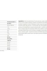 Ingredient and nutritional information for Amix Champion Sports Fuel syrup per 100 ml serving.