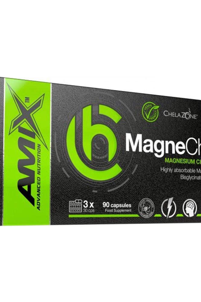Amix MagneChel Magnesium supplement packaging with 90 capsules for energy and muscle function.