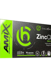 Amix ZincChel 90 capsules packaging, featuring ChelaZone zinc bisglycinate for optimal absorption.