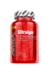 Amix CitruLyn 750 mg dietary supplement bottle with 120 red capsules for muscle support and enhanced blood flow.