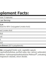Supplement facts for Amix CLA 1200 + Green Tea showing ingredients and nutritional information.