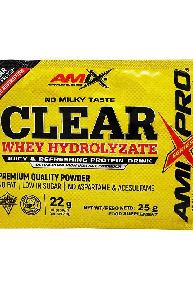 Amix Clear Whey Hydrolyzate packaging featuring low-fat, refreshing protein drink with no milky taste and low sugar.