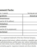 Supplement facts for Amix CoffiTime® capsules, including ingredients and nutritional information.