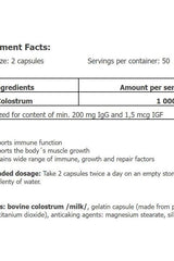 Nutrition label for Amix Colostrum 1000mg capsules, showing ingredients and health benefits.