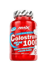 Amix Colostrum 1000mg supplement bottle with 100 capsules, supports immune function and muscle growth.