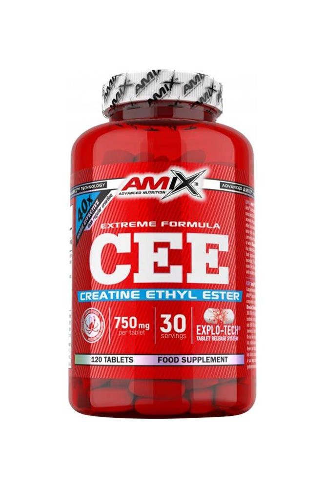 Amix Creatine Ethyl Ester 120 Tablets bottle with red label and dosage information for enhanced physical performance.