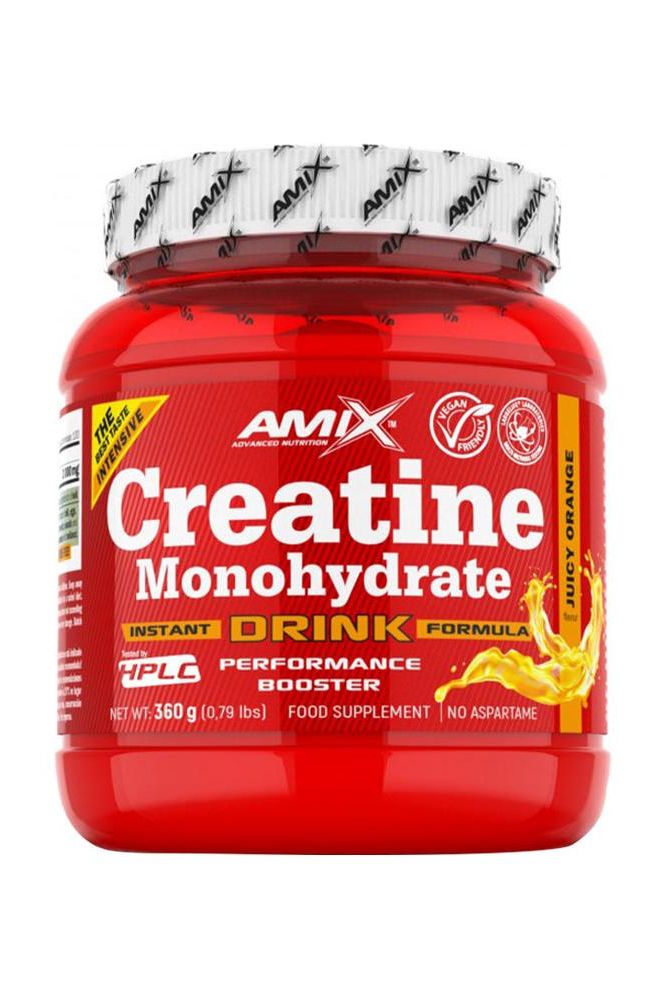 Amix Creatine Monohydrate Drink 360g in a red container, performance booster and food supplement.