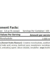 Nutrition facts for Amix Creatine Monohydrate Drink showing serving size and ingredients list.