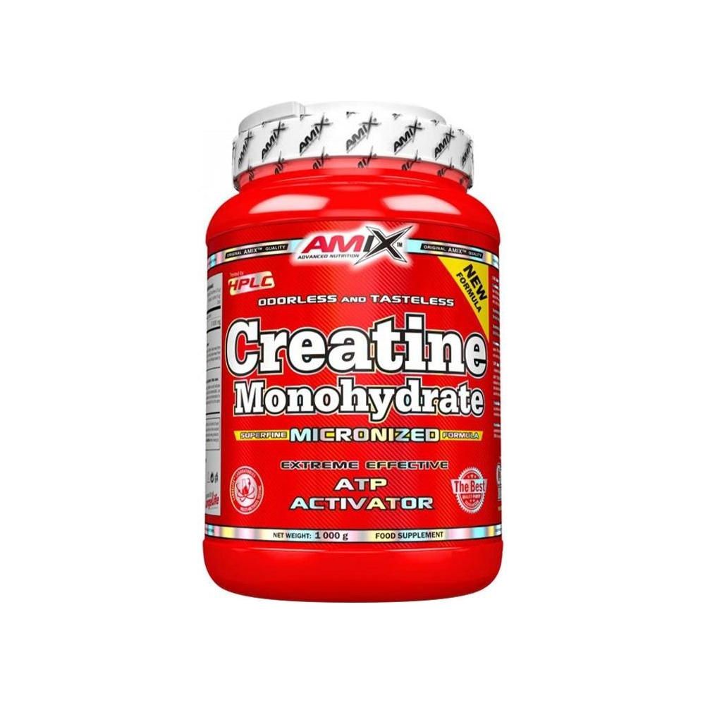 Amix Creatine Monohydrate supplement jar, enhances physical performance and muscle recovery.