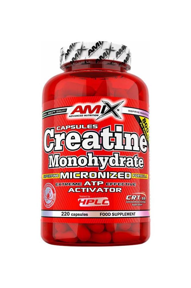 Amix Creatine Monohydrate capsules in a red container for enhanced athletic performance and recovery.