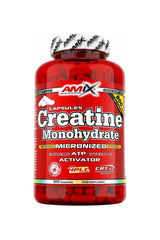 Amix Creatine Monohydrate capsules in red container, 500 capsules for enhanced physical performance and muscle recovery.