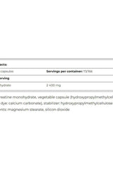 Amix Creatine Monohydrate nutrition facts, serving size, and ingredient details in capsule form.